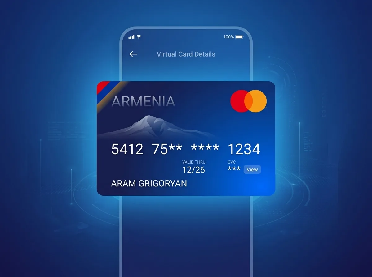 Виртуальная карта Mastercard Армения — дизайн карты на синем фоне, цифровой формат, без физического носителя