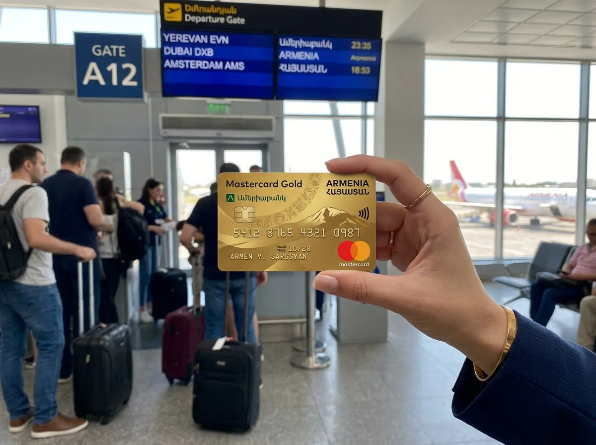 Пластиковая карта Mastercard Gold Армения — золотой дизайн карты в руке, банковская карта для путешествий