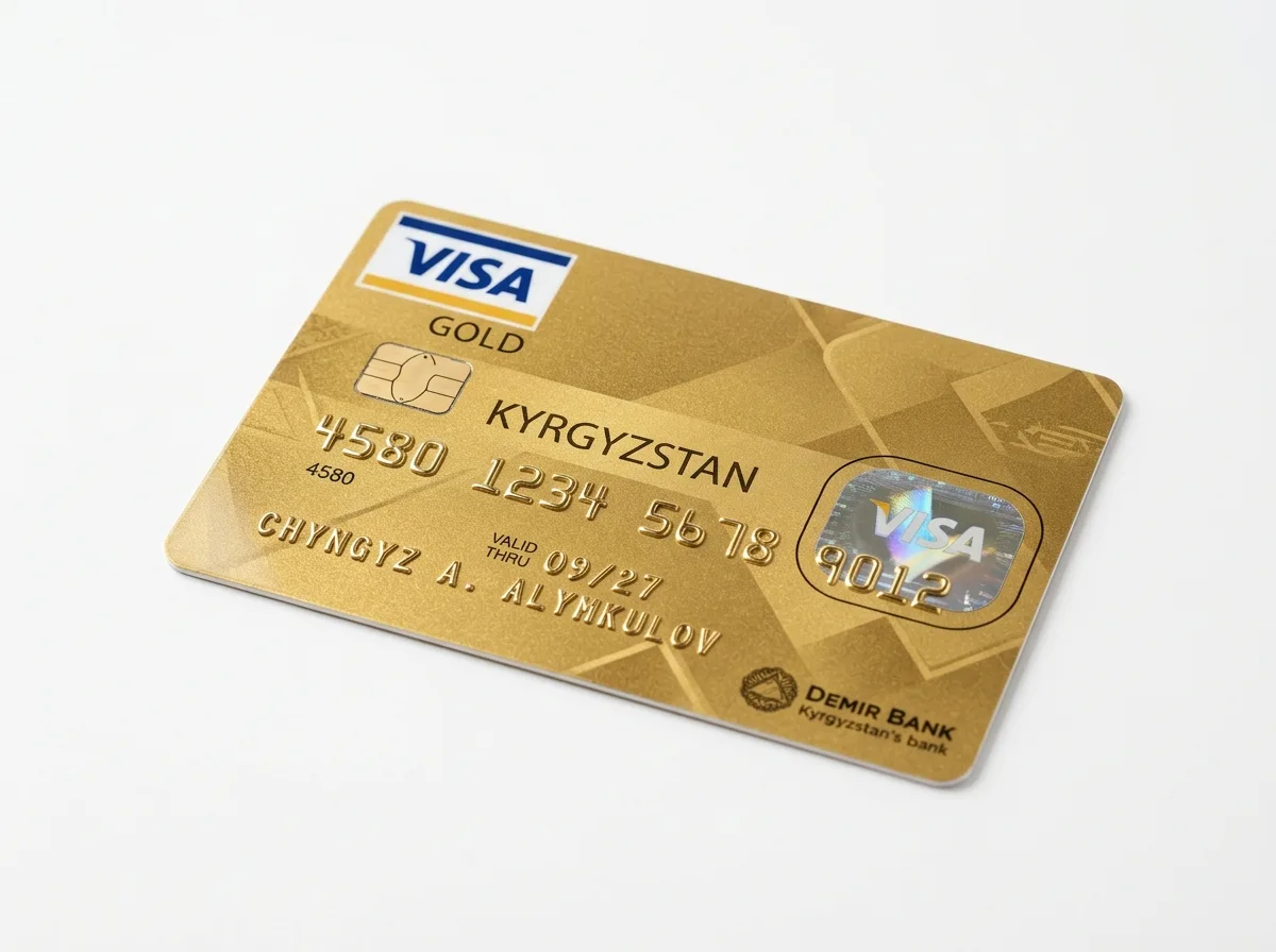Именная пластиковая карта Visa Gold Кыргызстан — золотая карта премиум-класса, белый фон, логотип Visa, профессиональная финансовая фотография